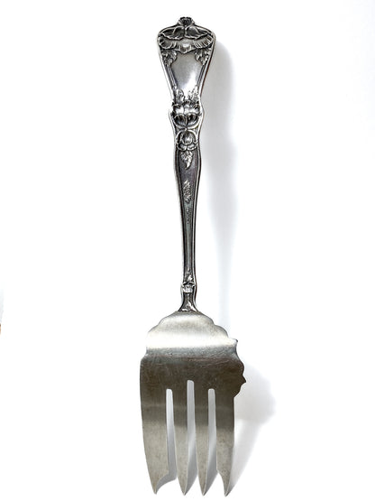 Antique Poppy Flower Pattern Baker Manchester Co Sterling Silver Cold Meat Serving Fork white background