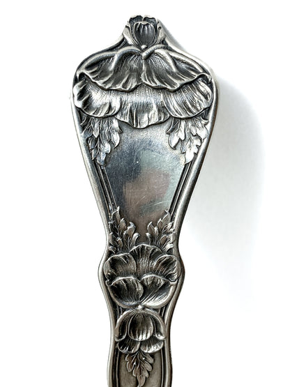 Antique Poppy Flower Pattern Baker Manchester Co Sterling Silver Cold Meat Serving Fork white background back
