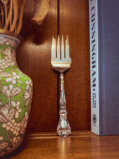 Antique Poppy Flower Pattern Baker Manchester Co Sterling Silver Cold Meat Serving Fork wood background
