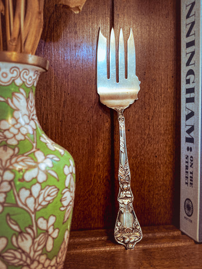 Antique Poppy Flower Pattern Baker Manchester Co Sterling Silver Cold Meat Serving Fork wood background