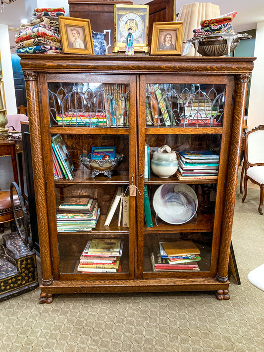 Antique Quarter Sawn Oak Tulip Leaded Beveled Glass Closed Bookcase Cabinet