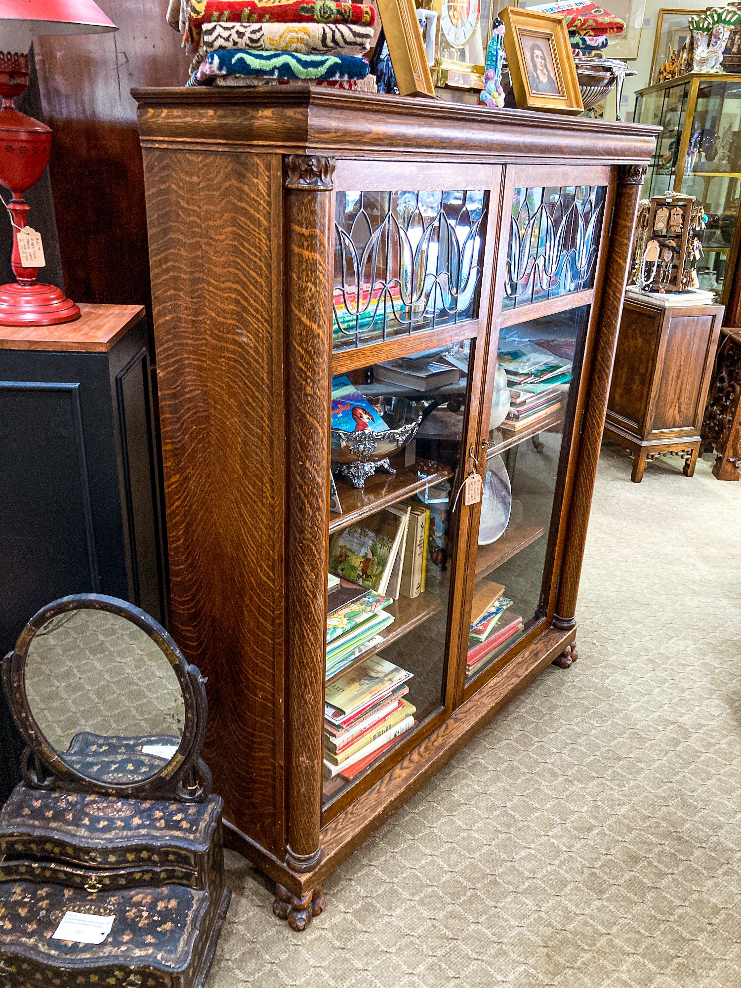 Antique Quarter Sawn Oak Tulip Leaded Beveled Glass Closed Bookcase Cabinet