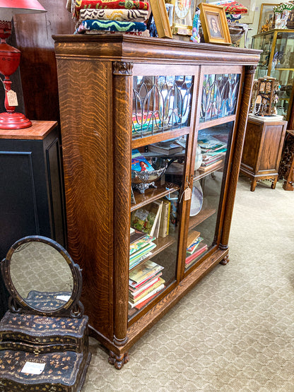 Antique Quarter Sawn Oak Tulip Leaded Beveled Glass Closed Bookcase Cabinet