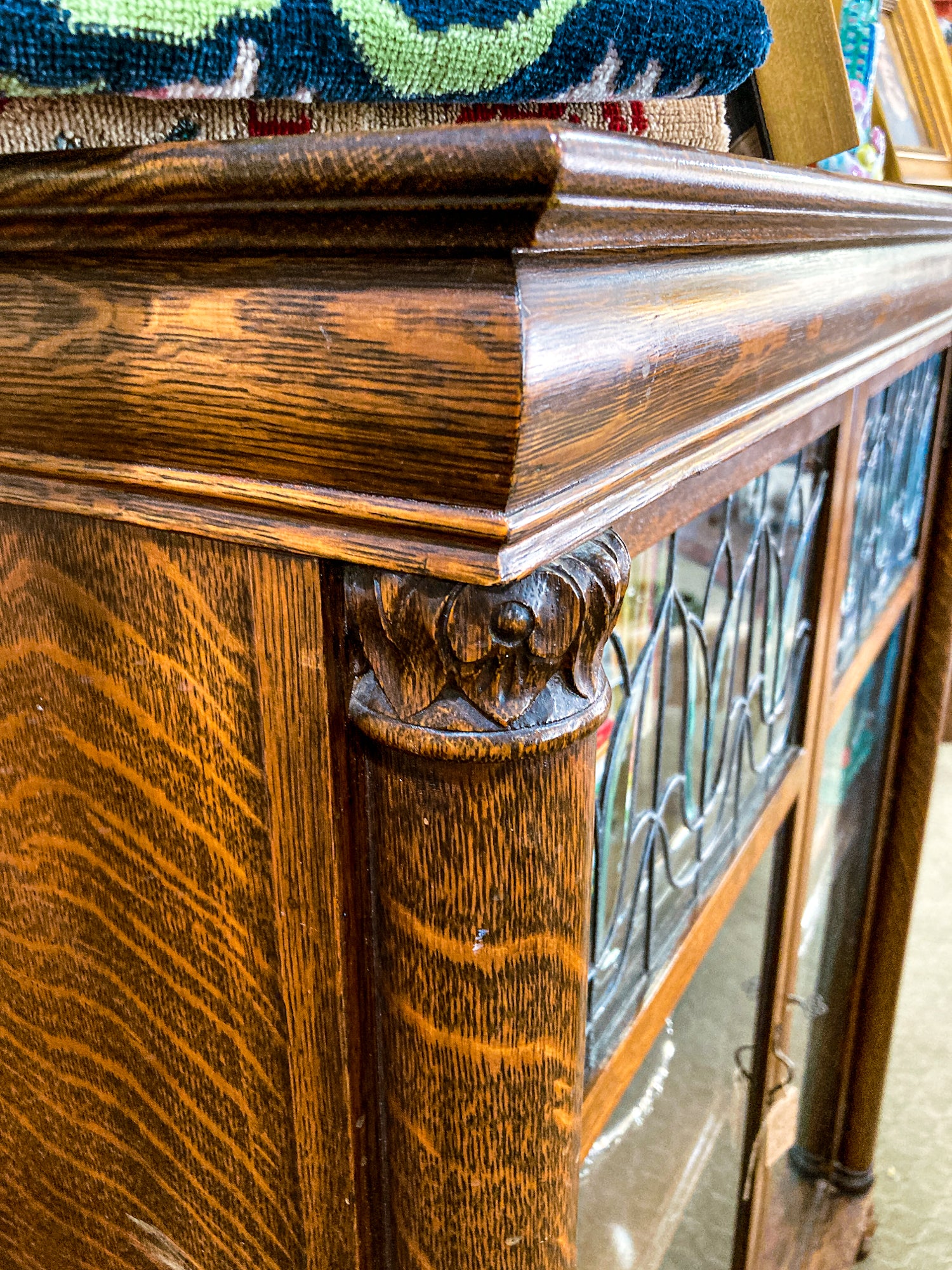 Antique Quarter Sawn Oak Tulip Leaded Beveled Glass Closed Bookcase Cabinet