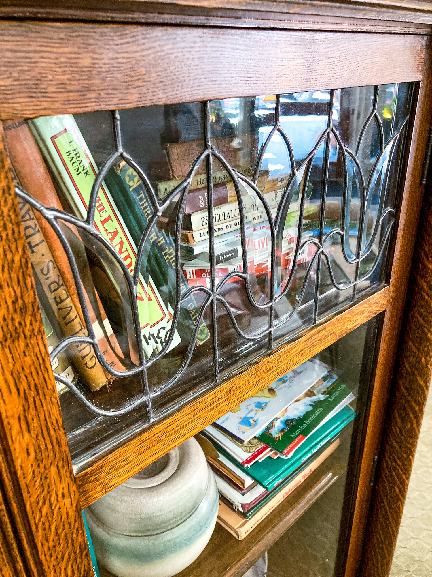 Antique Quarter Sawn Oak Tulip Leaded Beveled Glass Closed Bookcase Cabinet
