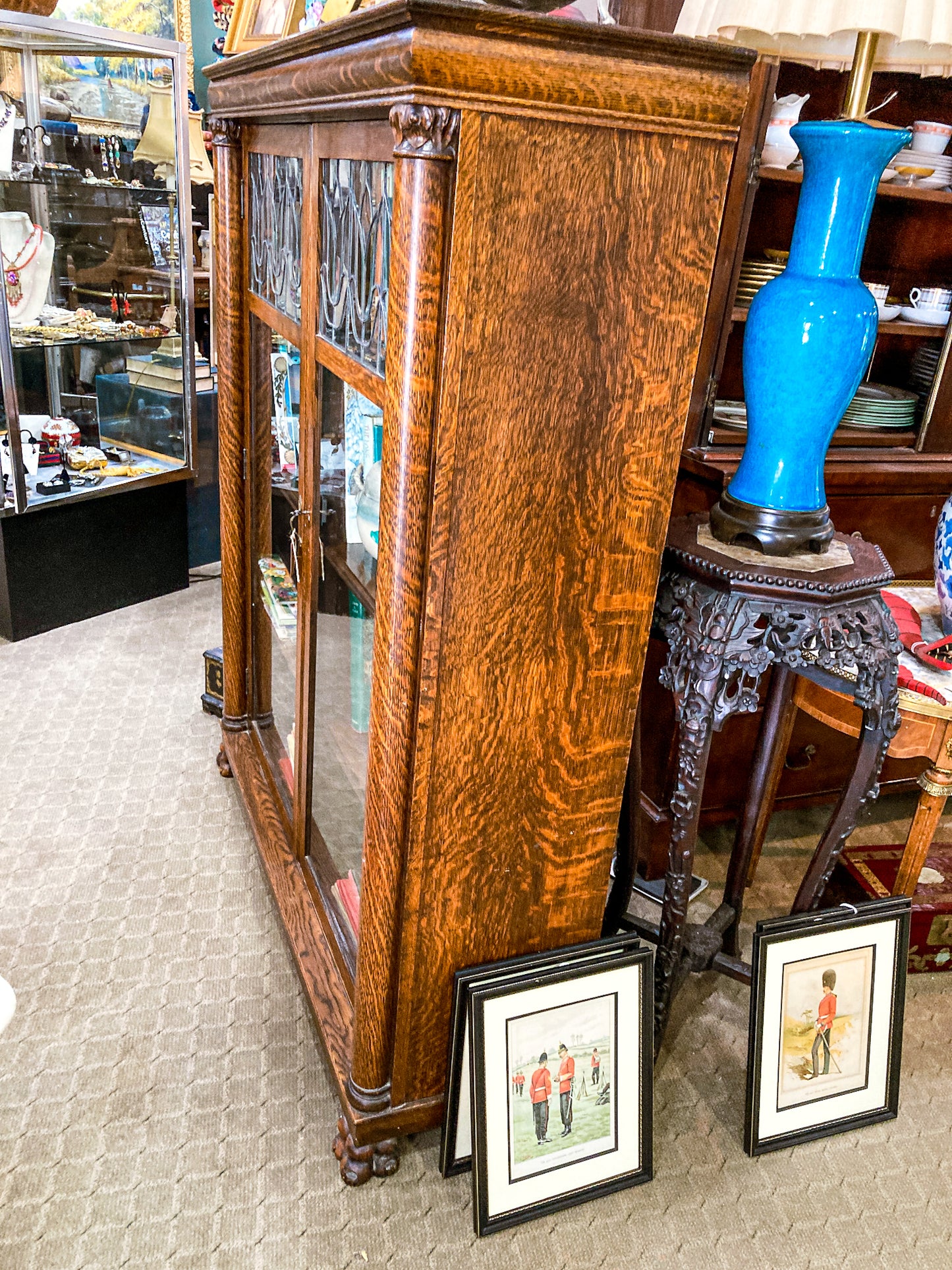 Antique Quarter Sawn Oak Tulip Leaded Beveled Glass Closed Bookcase Cabinet