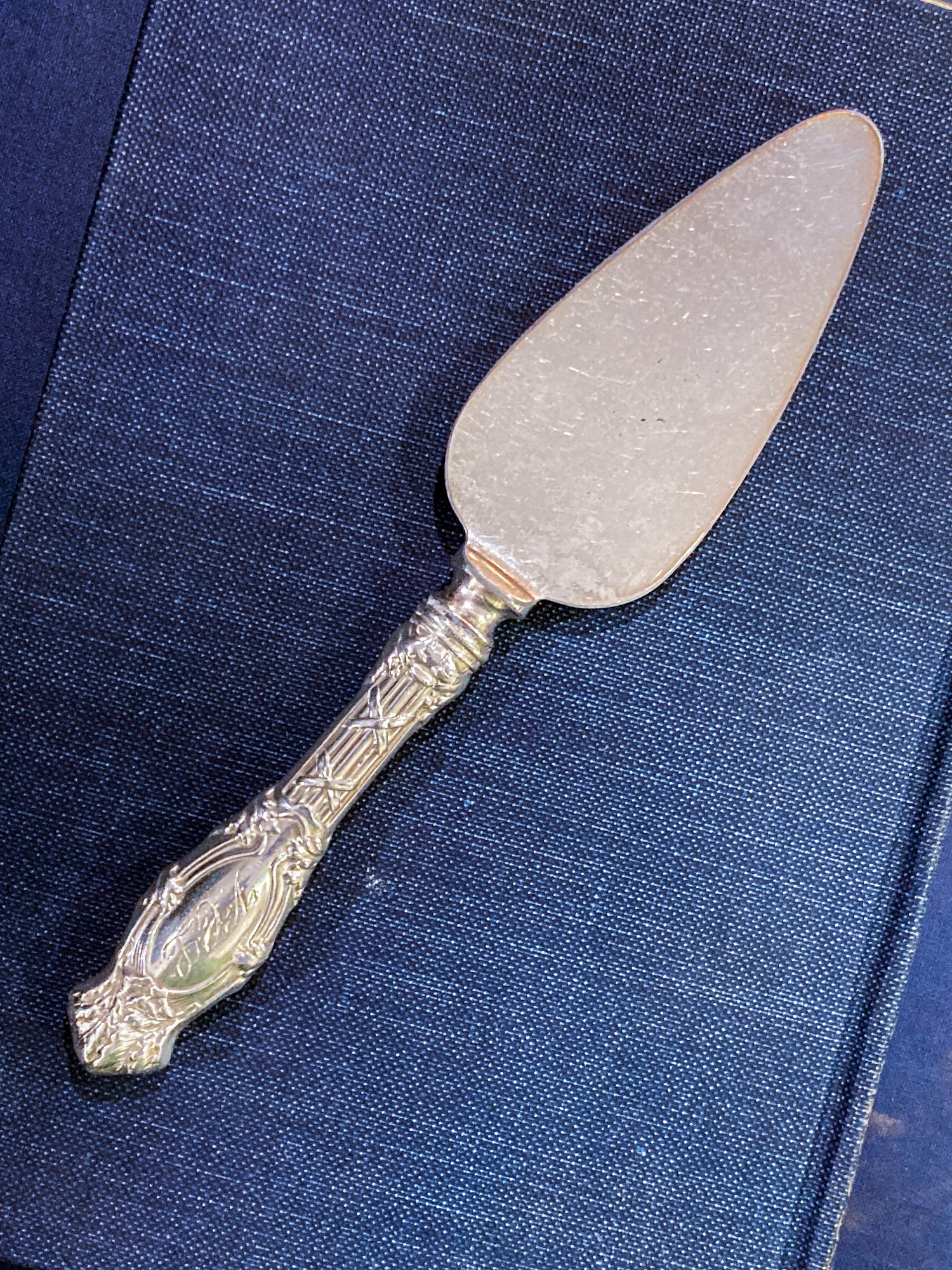 Vintage Silver Engraved Repoussé Handle Cheese Knife Server
