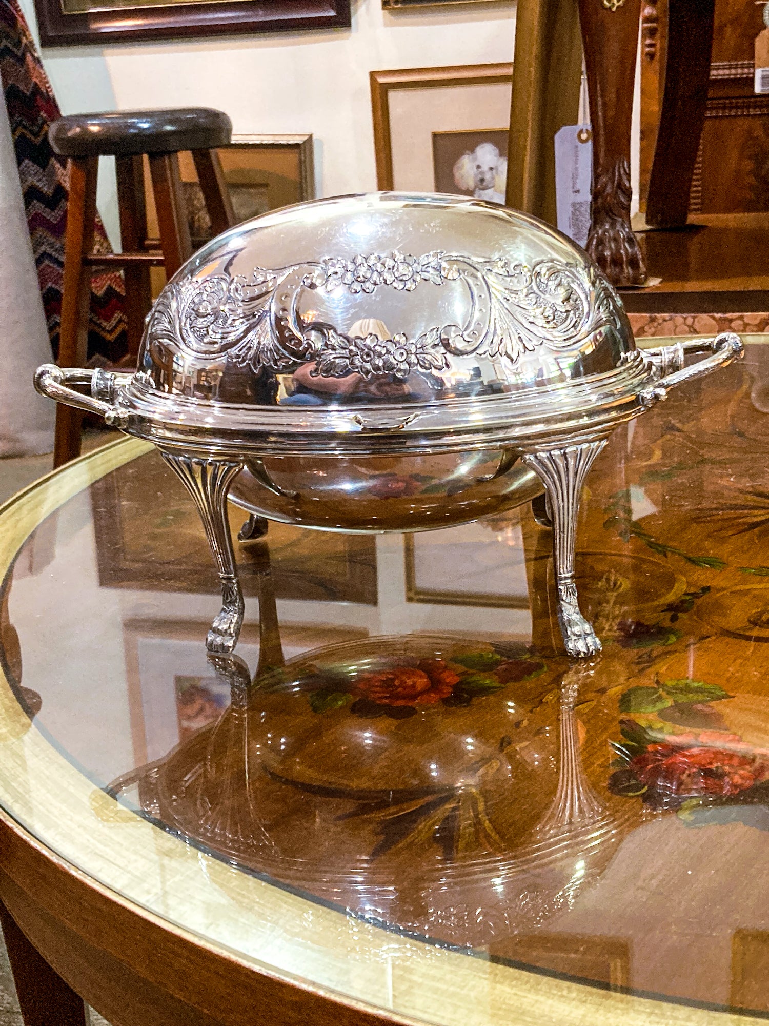 Antique Silver-Plated Domed Roll-Top Revolving Claw Footed Serving Dish