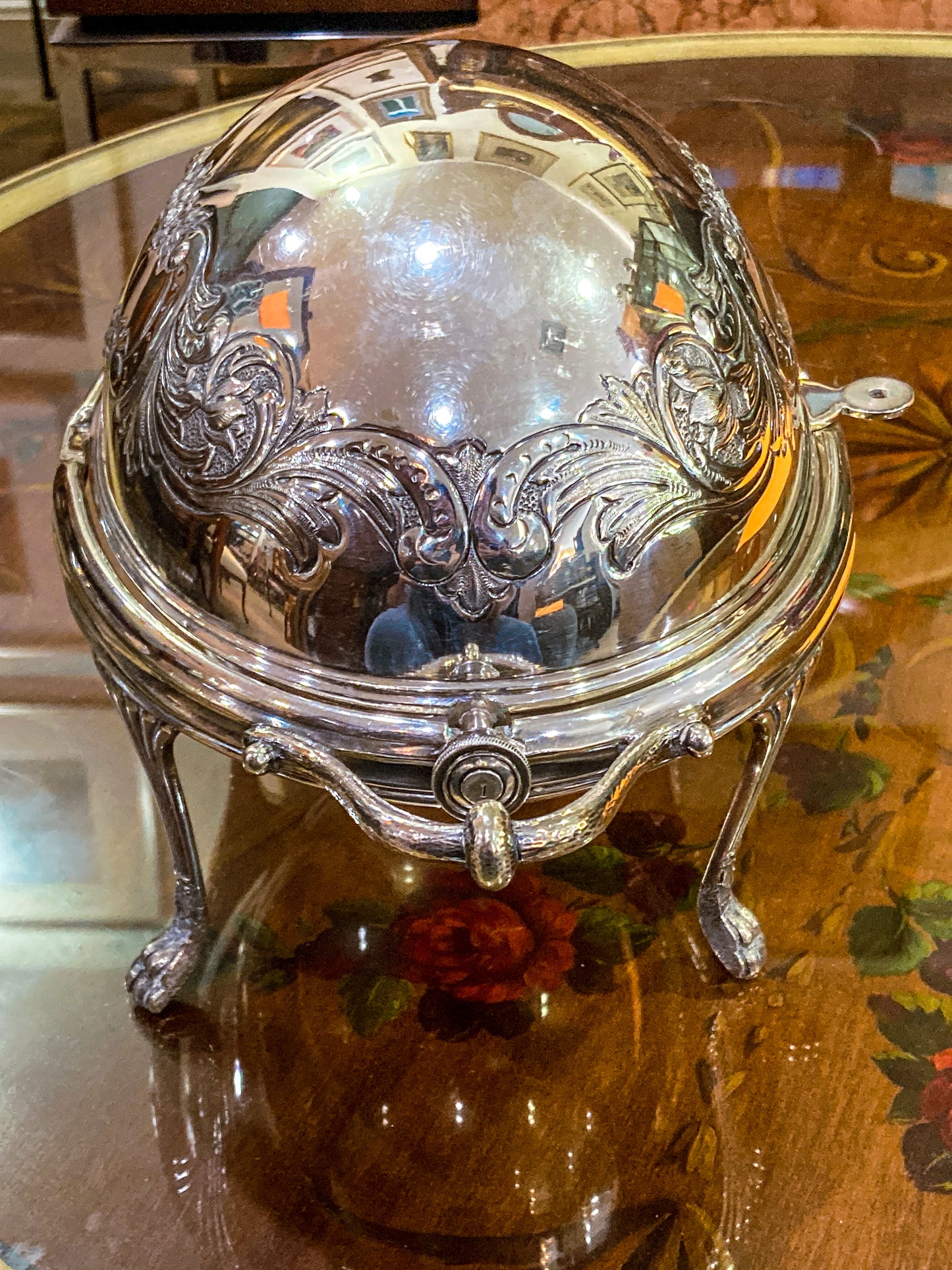 Antique Silver-Plated Domed Roll-Top Revolving Claw Footed Serving Dish