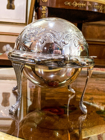 Antique Silver-Plated Domed Roll-Top Revolving Claw Footed Serving Dish