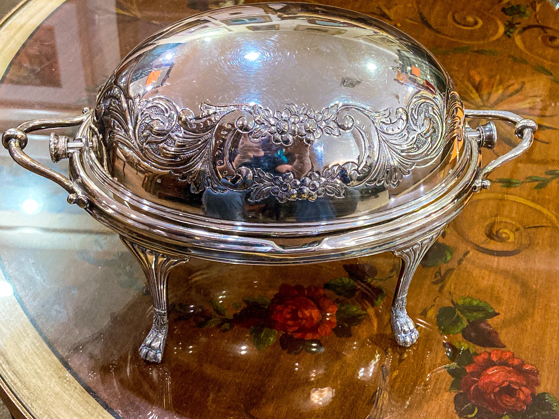 Antique Silver-Plated Domed Roll-Top Revolving Claw Footed Serving Dish