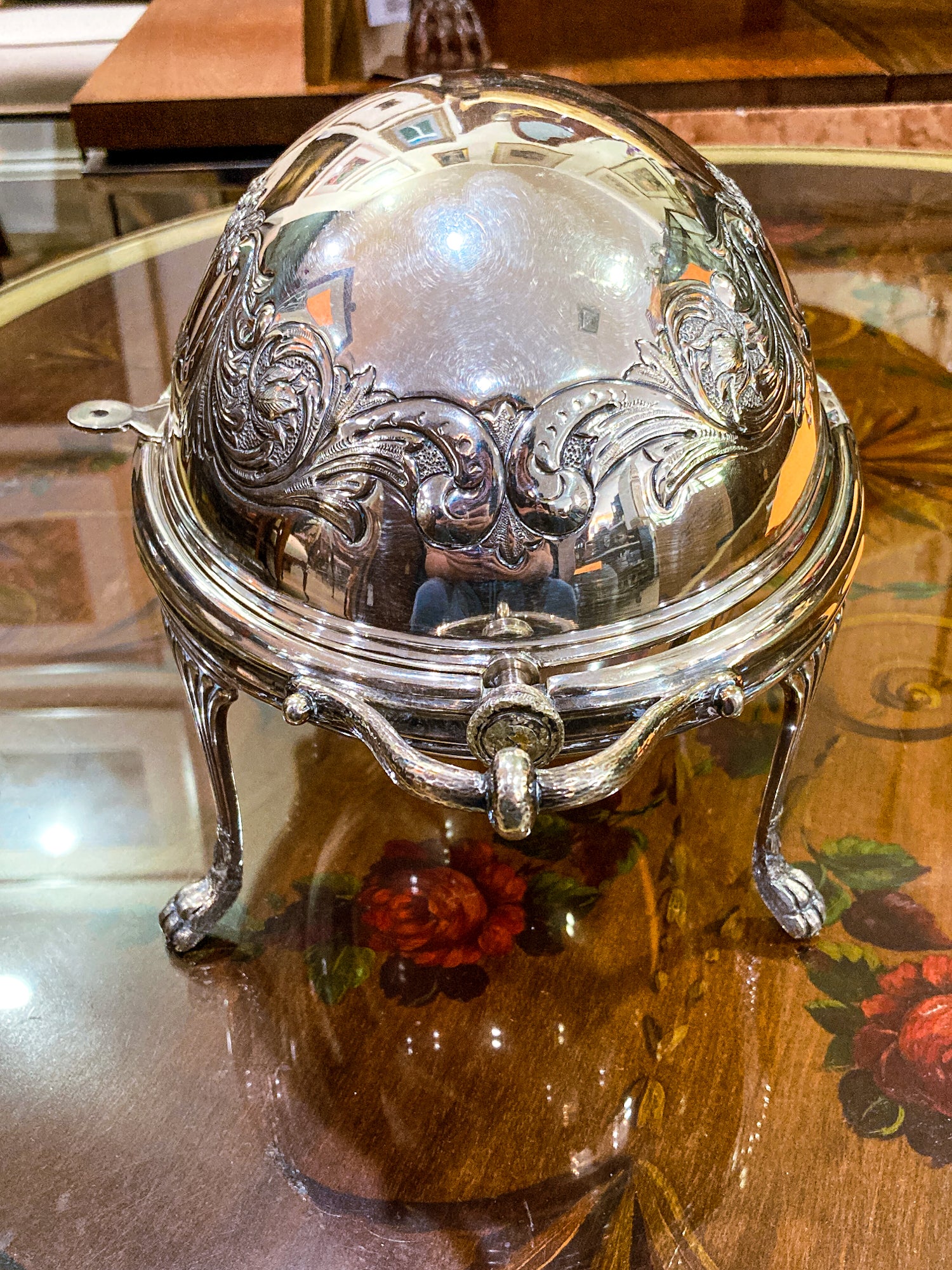 Antique Silver-Plated Domed Roll-Top Revolving Claw Footed Serving Dish