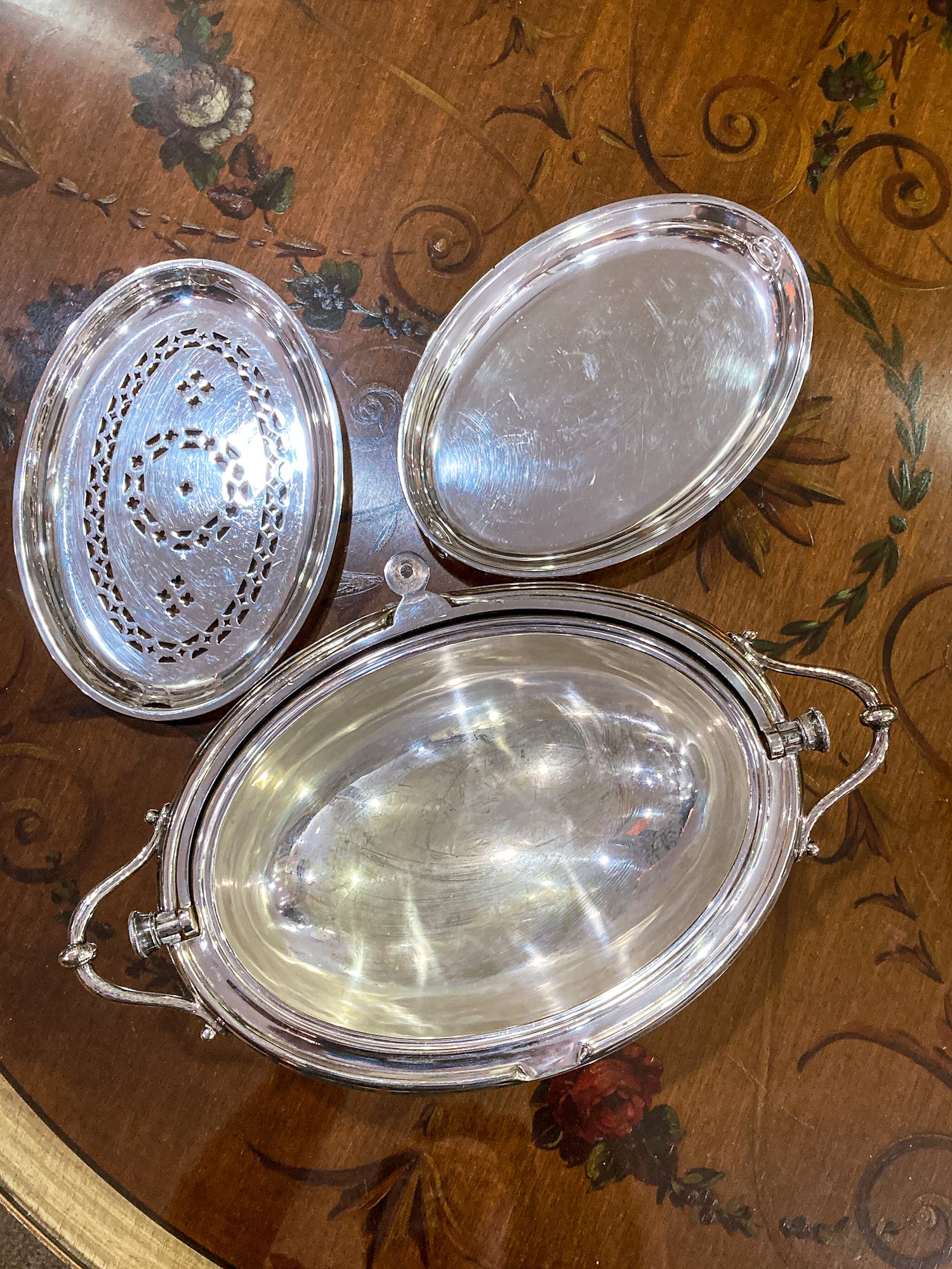 Antique Silver-Plated Domed Roll-Top Revolving Claw Footed Serving Dish
