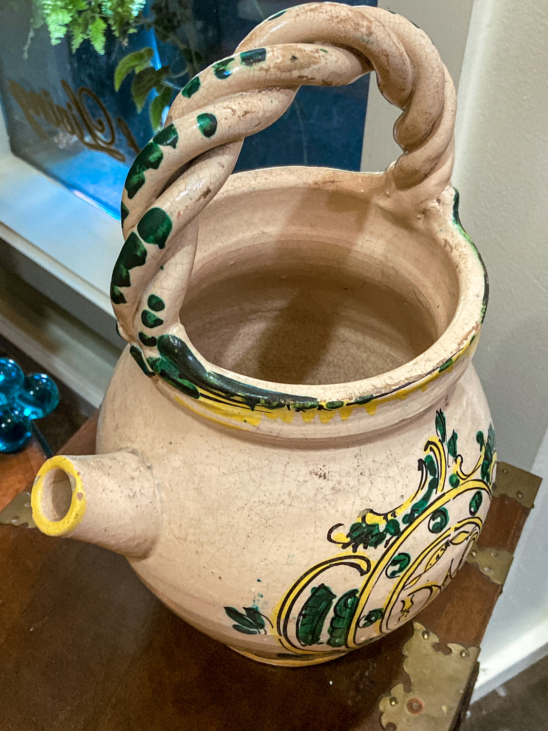 Antique Talavera Hand Painted Green Yellow Ceramic Olive Oil Water Jug