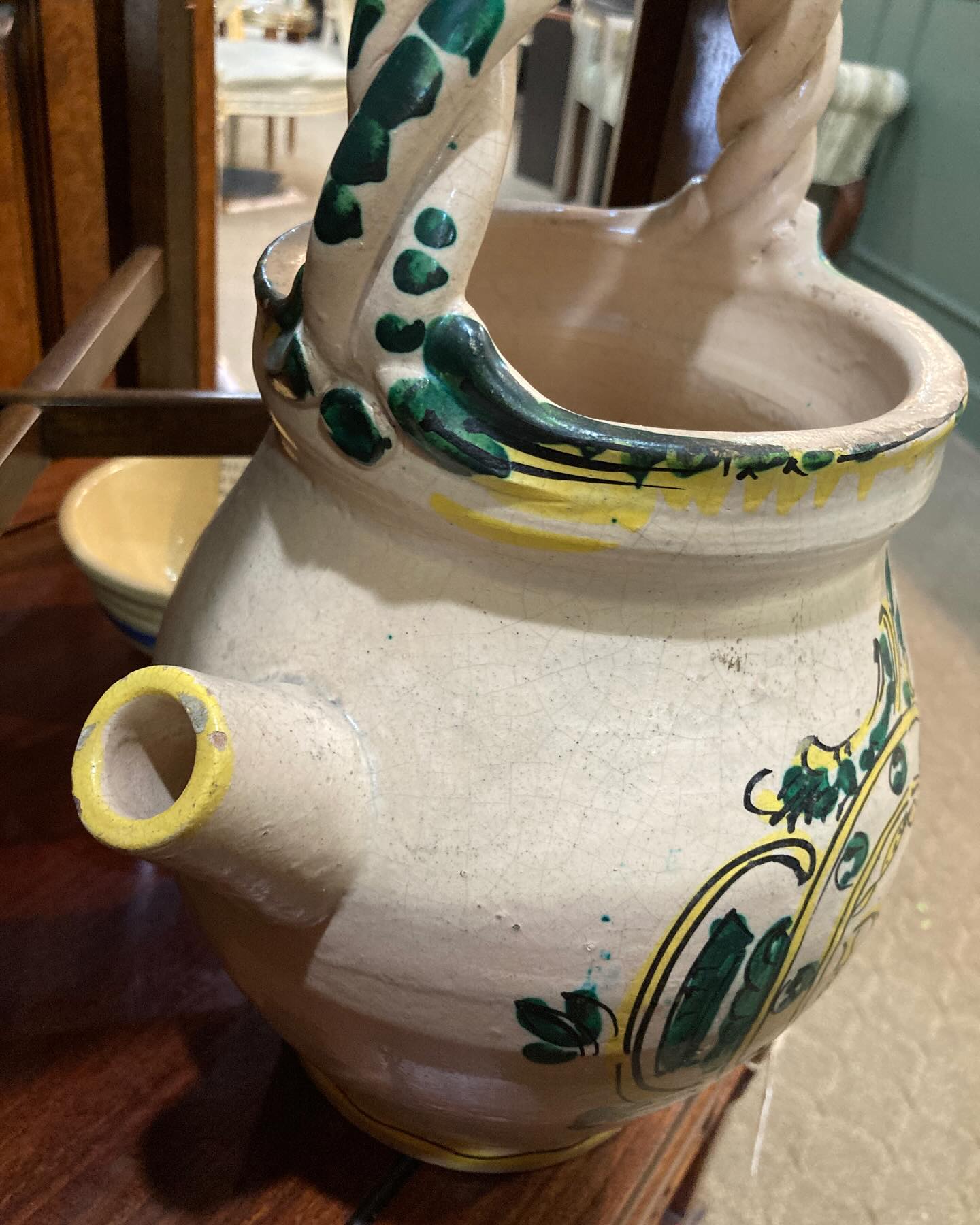 Antique Talavera Hand Painted Green Yellow Ceramic Olive Oil Water Jug