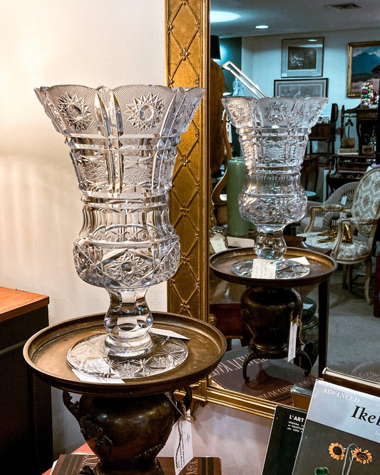 Antique 1900 Tall Hand Cut Star Pattern Polished Clear Glass Footed Vase