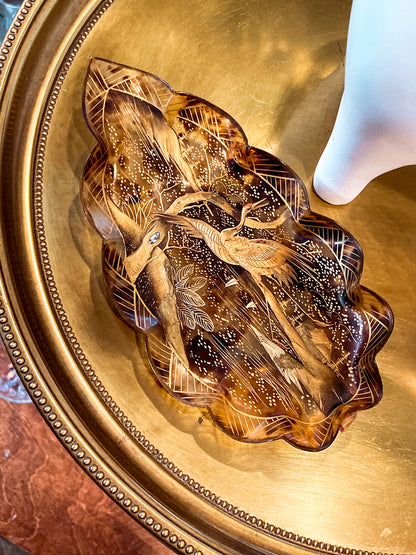 Antique Leaf Shape Gilt Crane Tortoise Shell Lacquer Dish Japanese Tray