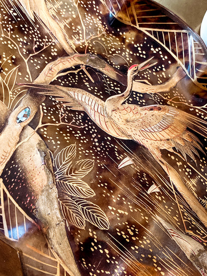 Antique Leaf Shape Gilt Crane Tortoise Shell Lacquer Dish Japanese Tray