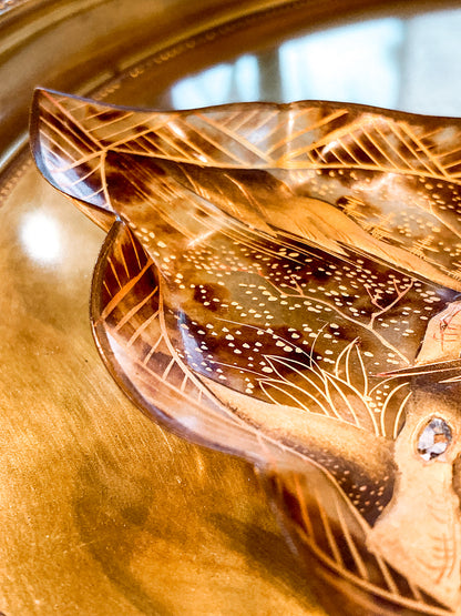 Antique Leaf Shape Gilt Crane Tortoise Shell Lacquer Dish Japanese Tray