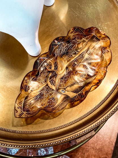 Antique Leaf Shape Gilt Crane Tortoise Shell Lacquer Dish Japanese Tray