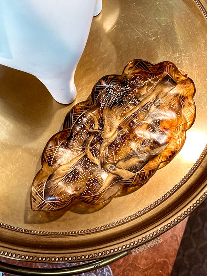 Antique Leaf Shape Gilt Crane Tortoise Shell Lacquer Dish Japanese Tray