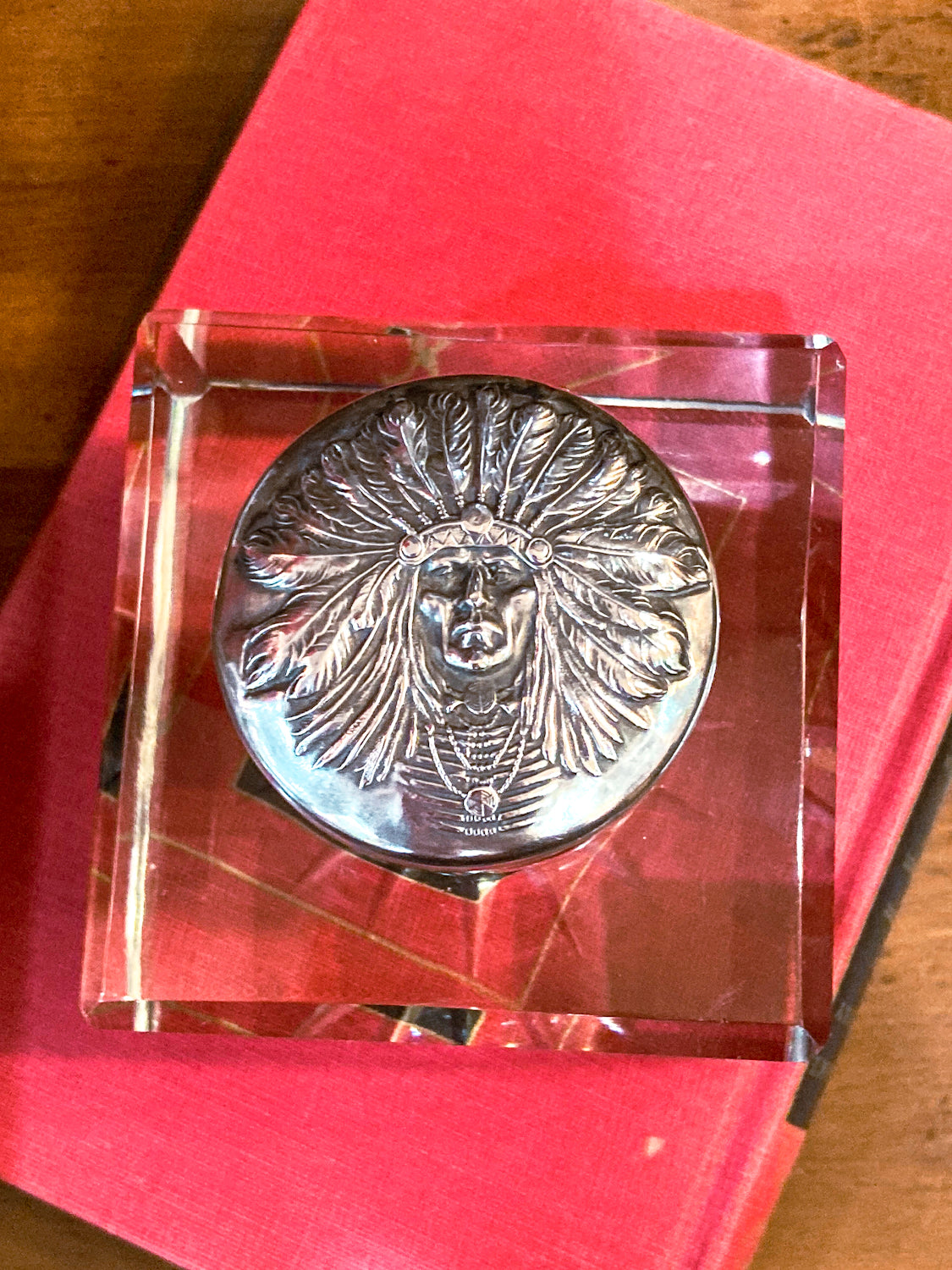 Antique Unger Brothers Crystal Sterling Silver "Indian" Chief Portrait Lid Inkwell