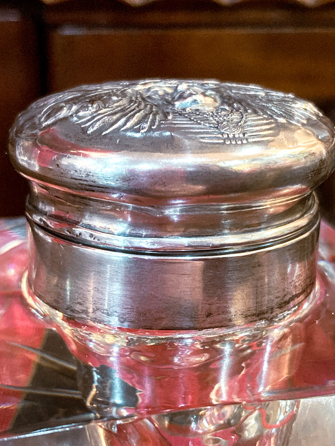 Antique Unger Brothers Crystal Sterling Silver "Indian" Chief Portrait Lid Inkwell