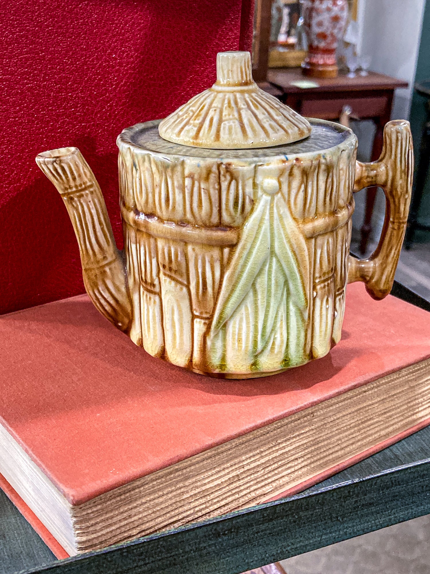 Antique 19th Century Bamboo Style Majolica Earthenware Lidded Teapot