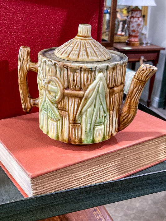 Antique 19th Century Bamboo Style Majolica Earthenware Lidded Teapot