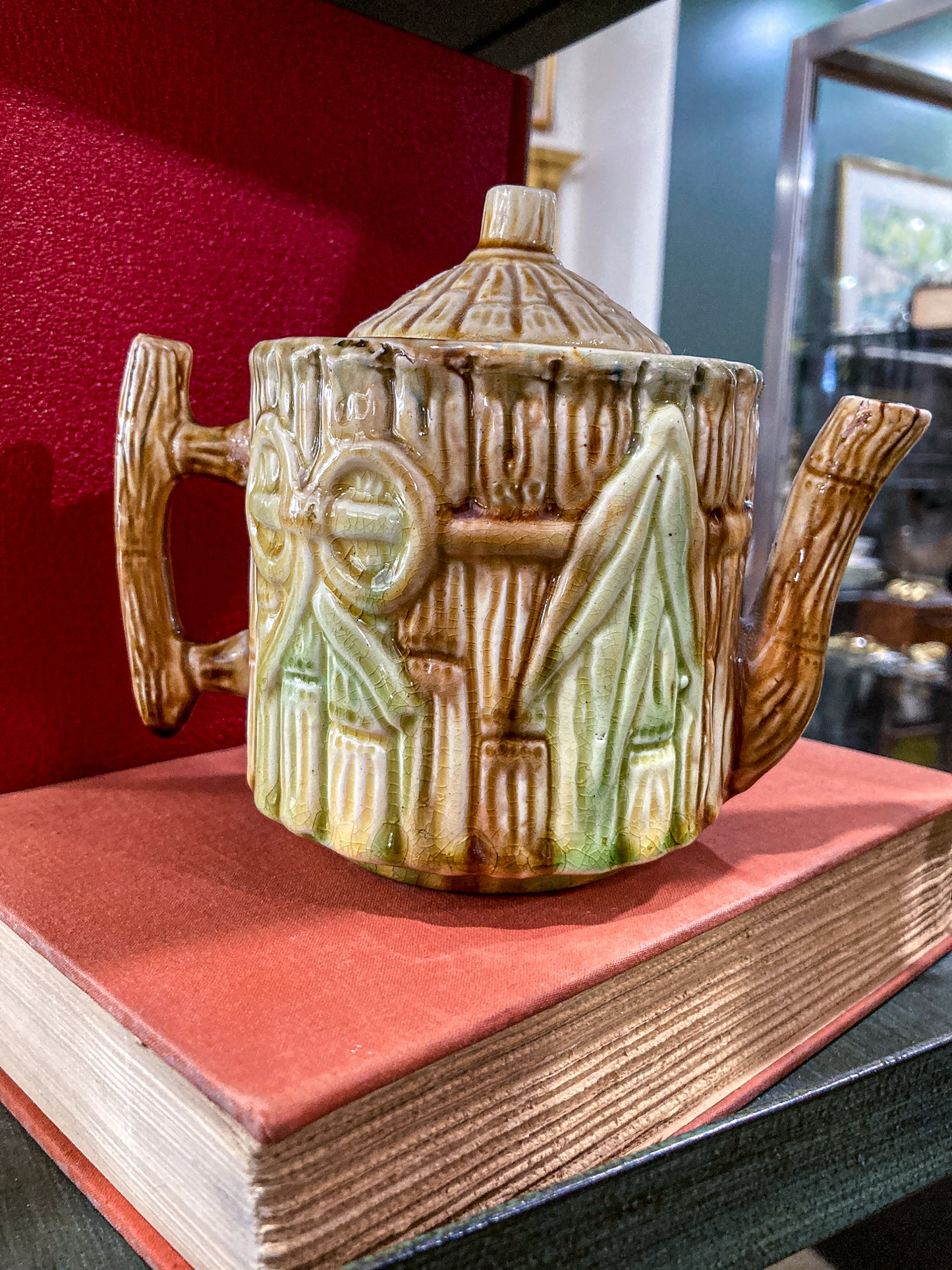 Antique 19th Century Bamboo Style Majolica Earthenware Lidded Teapot