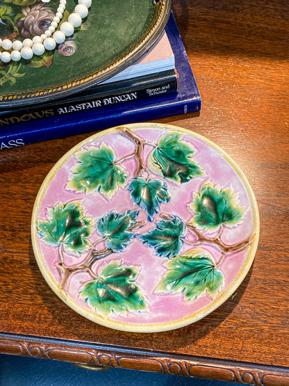 Antique Victorian Etruscan Majolica Pink Maple Leaf Decorative Plate