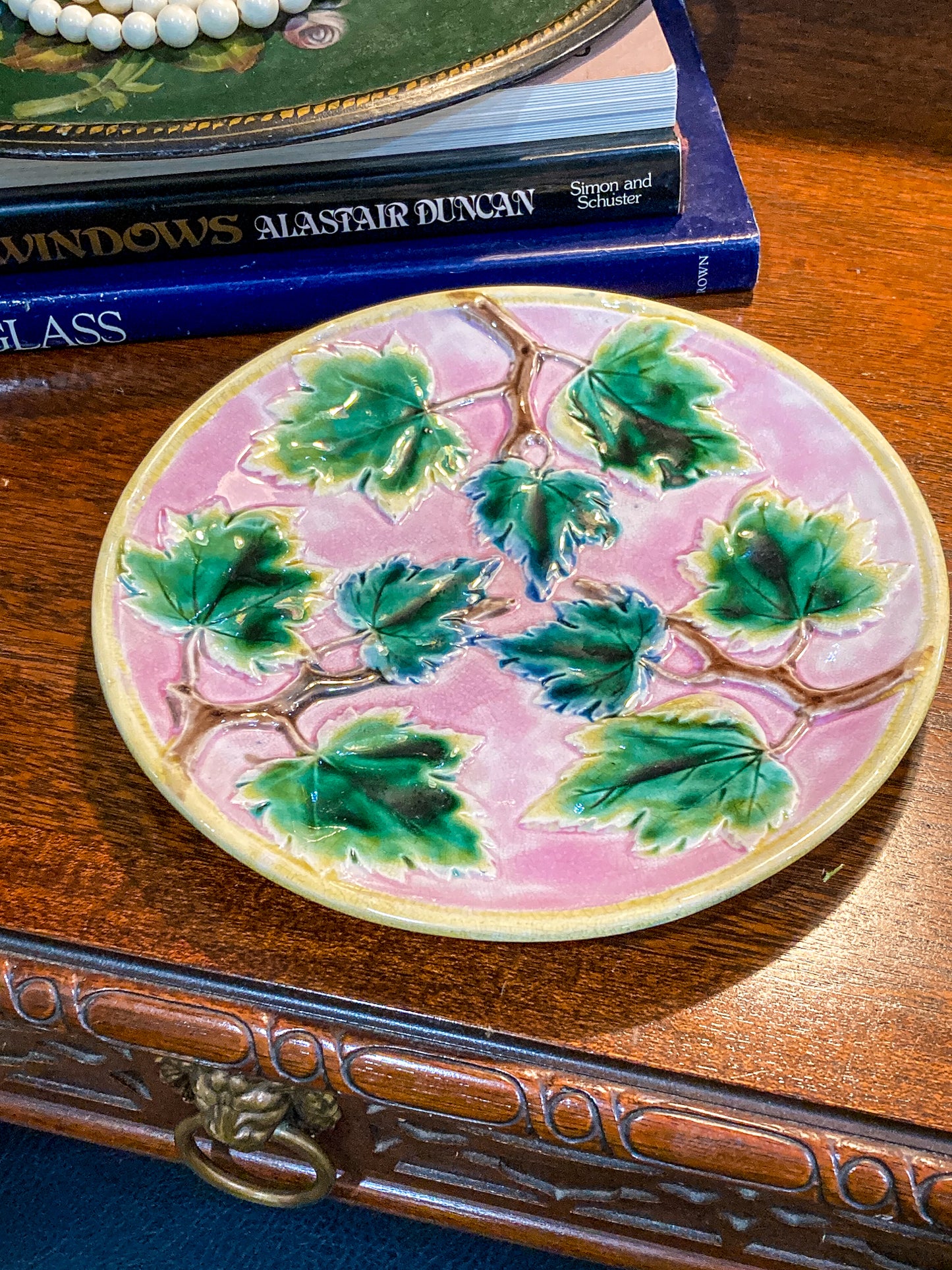 Antique Victorian Etruscan Majolica Pink Maple Leaf Decorative Plate