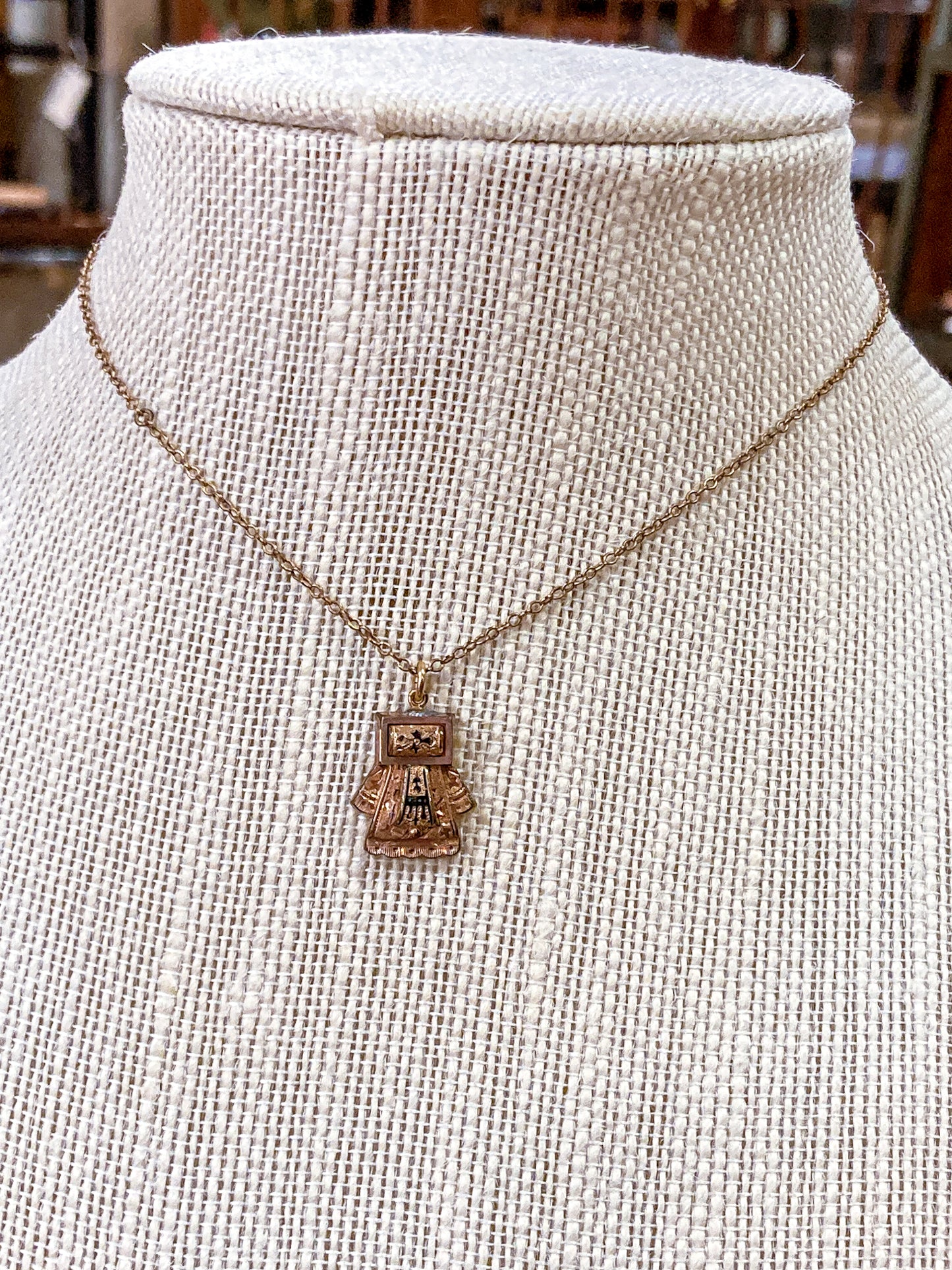 Antique Victorian Gold Filled Engraved Enameled Geometric Pendant Necklace