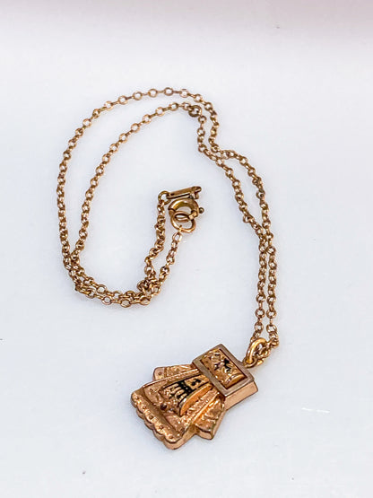 Antique Victorian Gold Filled Engraved Enameled Geometric Pendant Necklace