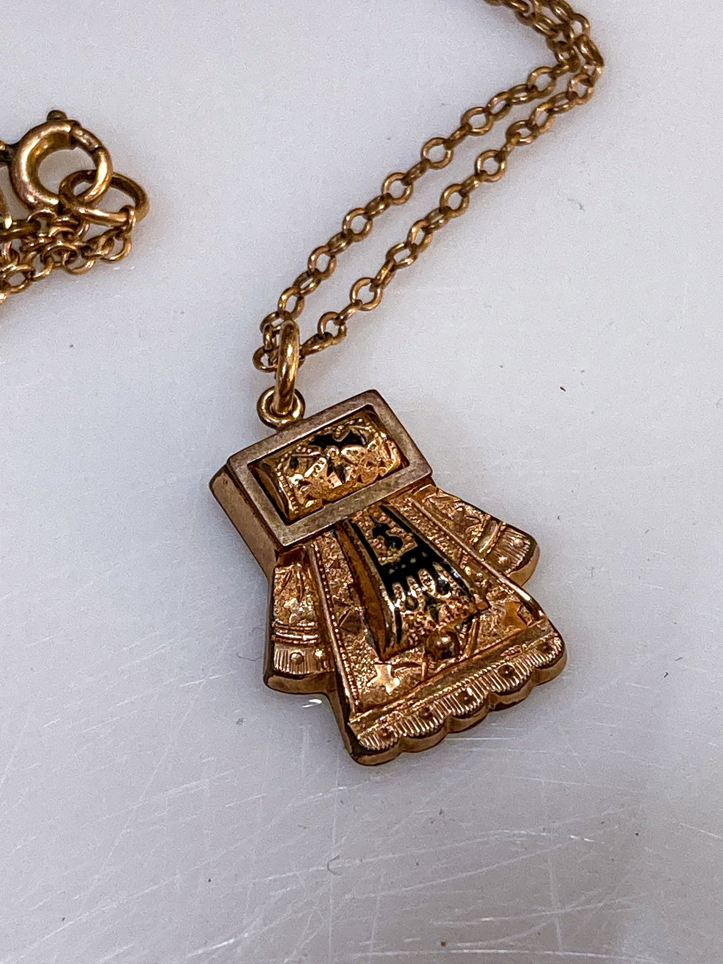 Antique Victorian Gold Filled Engraved Enameled Geometric Pendant Necklace