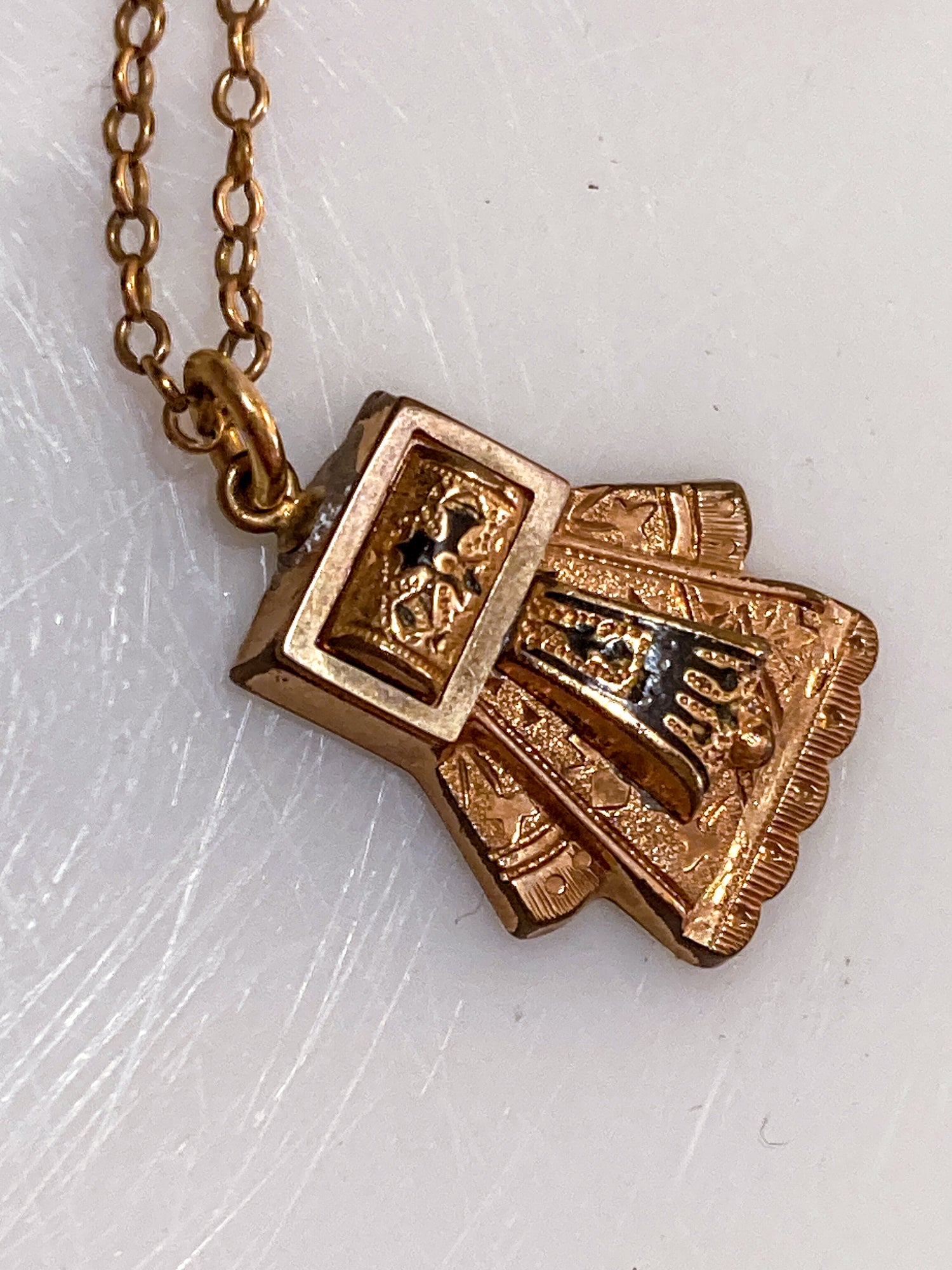 Antique Victorian Gold Filled Engraved Enameled Geometric Pendant Necklace
