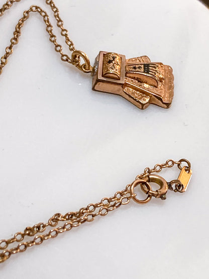 Antique Victorian Gold Filled Engraved Enameled Geometric Pendant Necklace