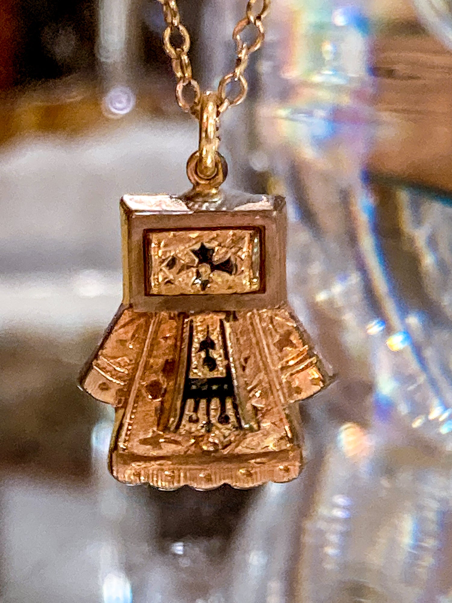 Antique Victorian Gold Filled Engraved Enameled Geometric Pendant Necklace