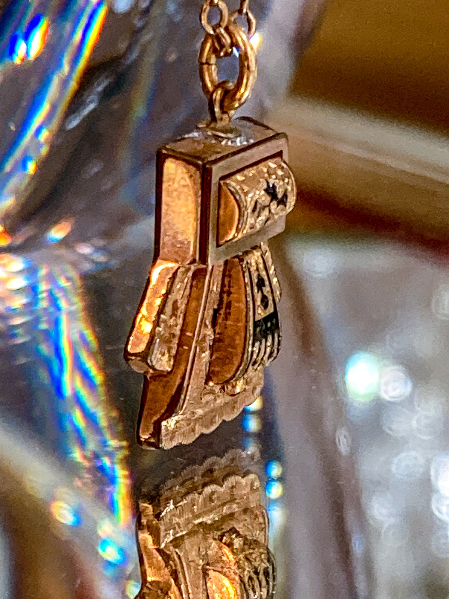 Antique Victorian Gold Filled Engraved Enameled Geometric Pendant Necklace