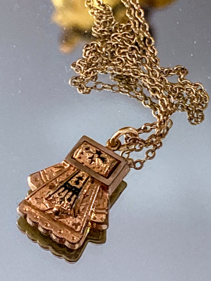 Antique Victorian Gold Filled Engraved Enameled Geometric Pendant Necklace