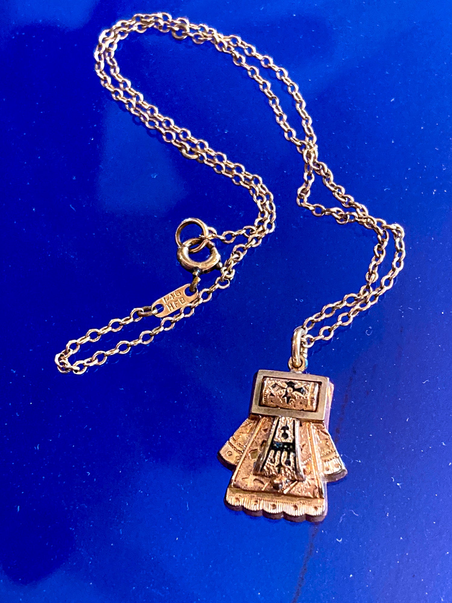 Antique Victorian Gold Filled Engraved Enameled Geometric Pendant Necklace