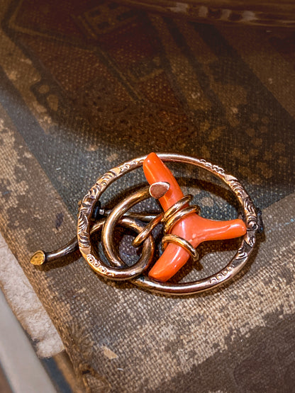 Antique Victorian Gold Filled Engraved Natural Coral Piece Love Knot Pin