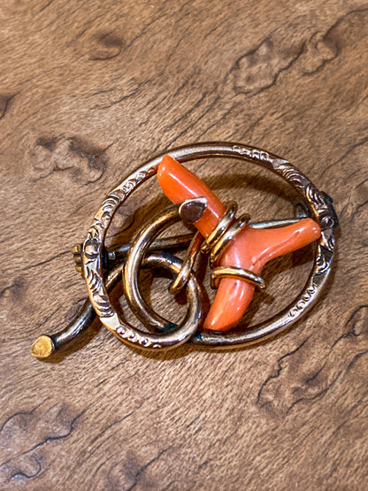 Antique Victorian Gold Filled Engraved Natural Coral Piece Love Knot Pin