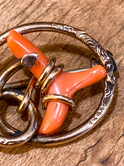 Antique Victorian Gold Filled Engraved Natural Coral Piece Love Knot Pin