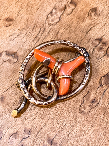 Antique Victorian Gold Filled Engraved Natural Coral Piece Love Knot Pin