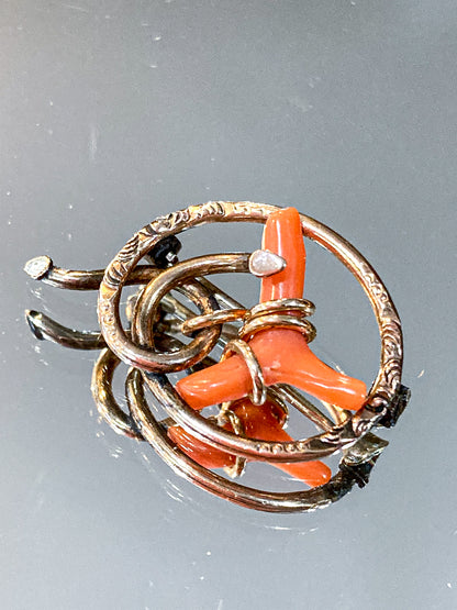 Antique Victorian Gold Filled Engraved Natural Coral Piece Love Knot Pin