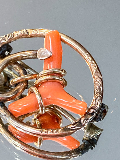 Antique Victorian Gold Filled Engraved Natural Coral Piece Love Knot Pin