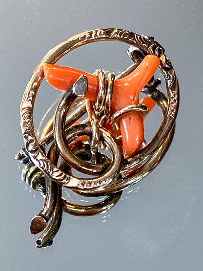 Antique Victorian Gold Filled Engraved Natural Coral Piece Love Knot Pin