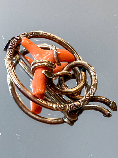 Antique Victorian Gold Filled Engraved Natural Coral Piece Love Knot Pin