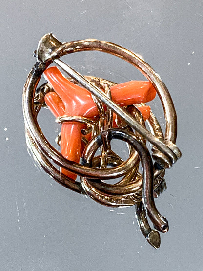Antique Victorian Gold Filled Engraved Natural Coral Piece Love Knot Pin